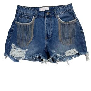 Blush Beaded Fringe Frayed Distressed Denim Shorts High‎ Rise Size Medium/28